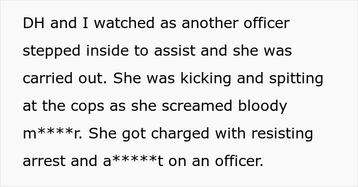 Text snippet describing MIL kicking and spitting at cops while being carried out, charged with resisting arrest.