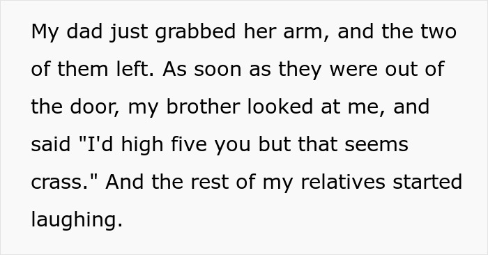 Text snippet: Father grabbing in-law, leaving, and relatives laughing about great-grandma's trolling. Text snippet: Father grabbing in-law, leaving, and relatives laughing about great-grandma's trolling.