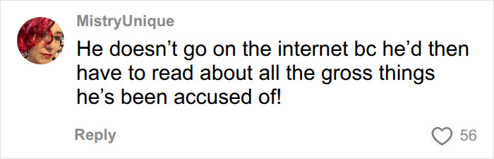 A comment reading, He doesnt go on the internet bc hed then have to read about all the gross things hes been accused of!, regarding Aziz Ansari. A comment reading, He doesnt go on the internet bc hed then have to read about all the gross things hes been accused of!, regarding Aziz Ansari.