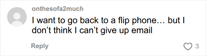 A social media comment from 'onthesofa2much' expressing a desire for a flip phone but inability to give up email, related to Aziz Ansari's lifestyle. A social media comment from 'onthesofa2much' expressing a desire for a flip phone but inability to give up email, related to Aziz Ansari's lifestyle.