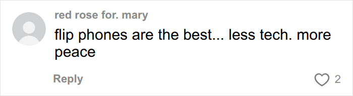 A social media comment from 'red rose for. mary' praising flip phones for less tech and more peace, in context of Aziz Ansari's lifestyle. A social media comment from 'red rose for. mary' praising flip phones for less tech and more peace, in context of Aziz Ansari's lifestyle.