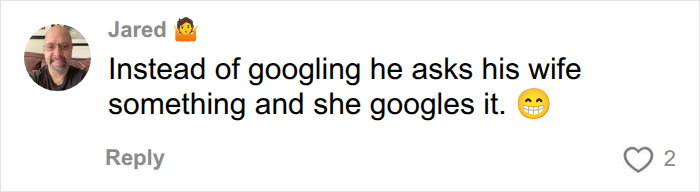A social media comment from Jared describing a husband asking his wife to Google things, linking to Aziz Ansari's marriage. A social media comment from Jared describing a husband asking his wife to Google things, linking to Aziz Ansari's marriage.