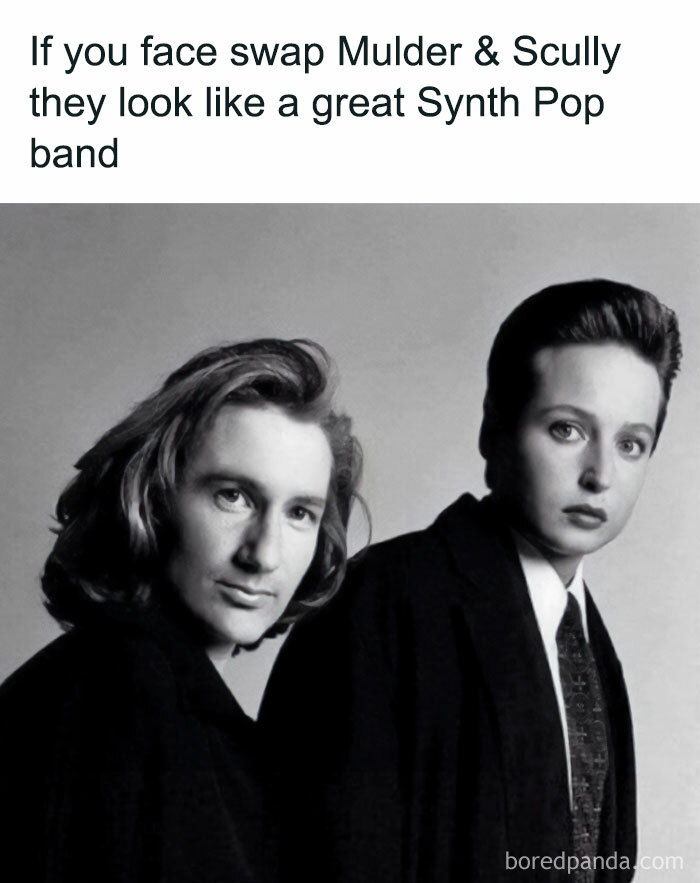 Mulder and Scully face-swapped looking like a Synth Pop band, proving the '80s and '90s were superior decades.