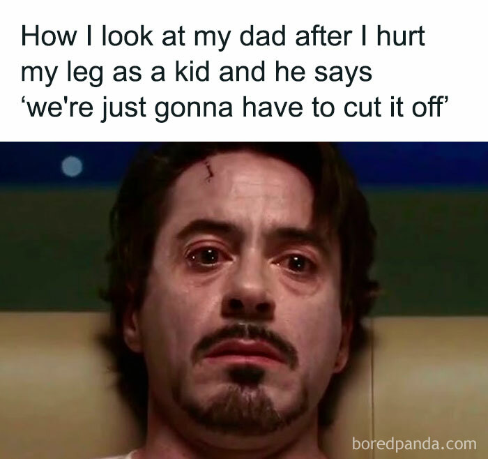A weird meme showing Robert Downey Jr. as Iron Man, looking scared with the text about his dad wanting to cut off his leg.