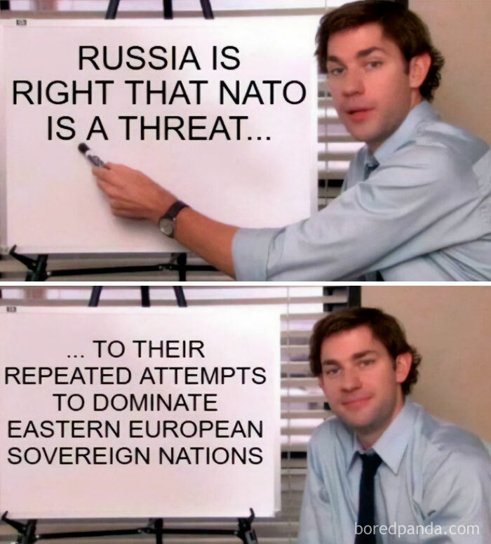 A meme with a mix of intelligentsia and blatant foolishness about Russia and NATO.