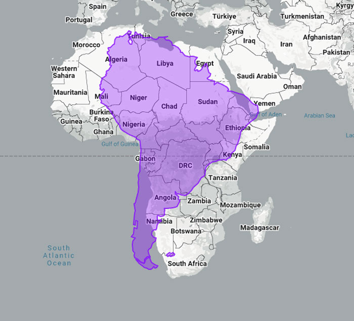 Map shows the actual scale of South America superimposed on the continent of Africa, highlighting their relative sizes.