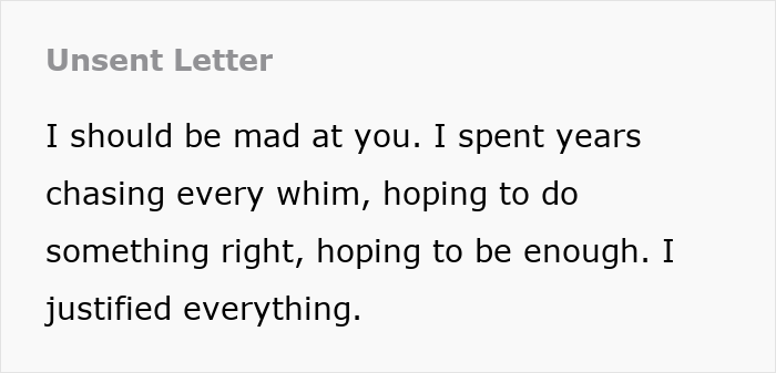 Unsent letter from teen to controlling mom, expressing anger and how she spent years trying to be enough. Unsent letter from teen to controlling mom, expressing anger and how she spent years trying to be enough.