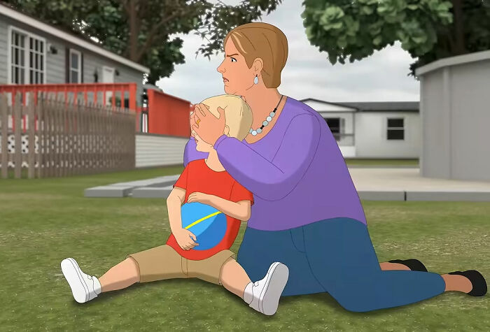 An illustration of a woman shielding a child's eyes from a view, concerned about the worst neighbor ever.