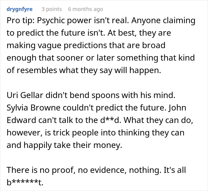 A screenshot showing a comment refuting psychic power, in the context of a woman who predicted 9/11.
