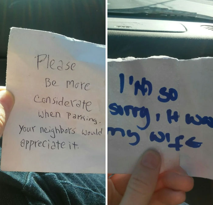 A split image showing two notes; one asking for considerate parking and another apologizing for outrageous parking, blaming a wife.