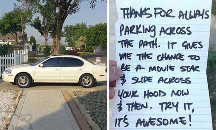 A white car parked across a path and a note thanking them for their outrageous parking.