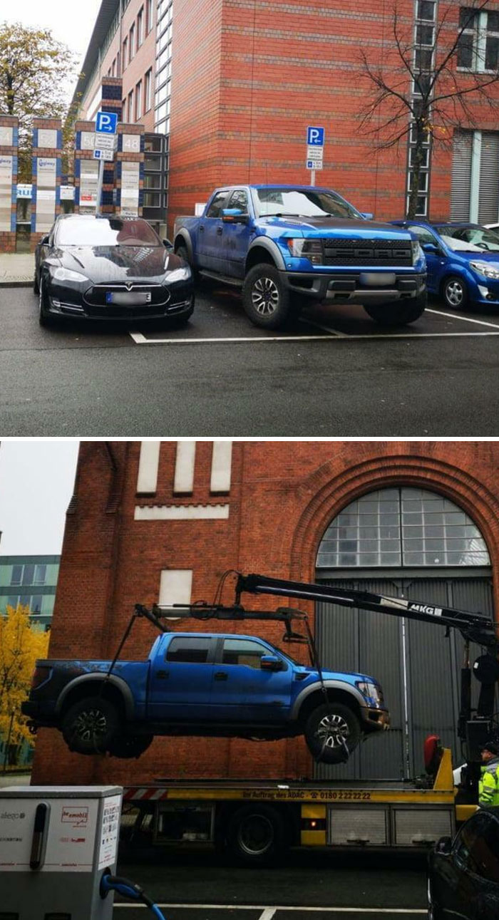 A split image showing outrageous parking: a blue truck next to a Tesla, and the truck being towed for parking violations.