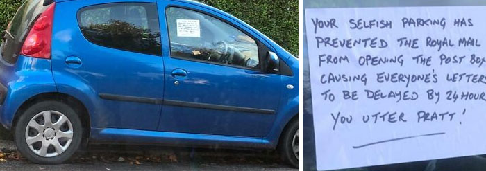 A blue car with a note on the window, illustrating outrageous parking blocking a post box and delaying mail.