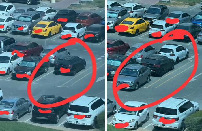 An aerial view of multiple cars in a parking lot, with red circles highlighting instances of outrageous parking.