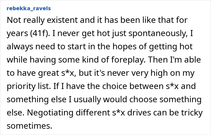 A social media user's comment about libido confession, detailing non-existent spontaneous libido at 41.