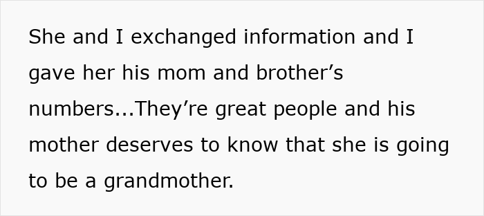 Man hides baby from family, ex tells them. Screenshot of text about exchanging information so his family knows about the baby.