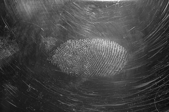 A clear fingerprint on a dark, scratched surface, illustrating a beautiful fact.