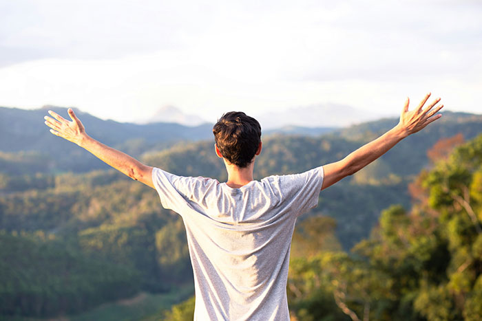 A person with arms outstretched overlooking a vast landscape, symbolizing beautiful facts and freedom.