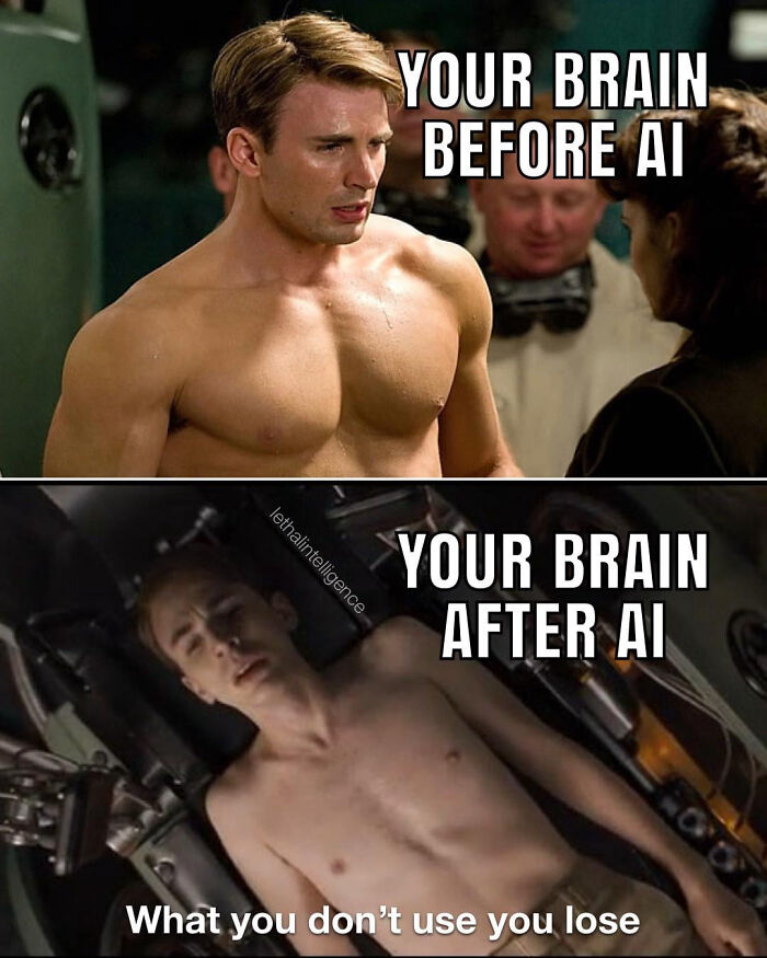 Funny AI memes show Captain America before and after AI, highlighting the impact of AI on our brains.