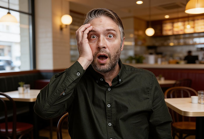 A man with a shocked expression, hand to his forehead, revealing his secret kid has been exposed. A man with a shocked expression, hand to his forehead, revealing his secret kid has been exposed.