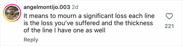 A social media comment explaining the meaning behind a specific tattoo, discussing loss and line thickness in the tattoo industry.