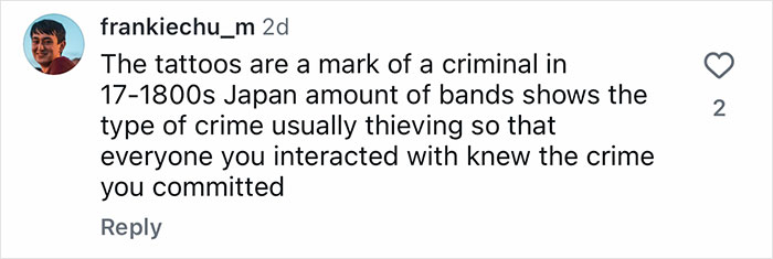 A social media comment detailing the historical criminal connotations of certain tattoos in Japan within the tattoo industry.