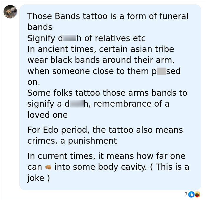 A social media comment explaining band tattoos as funeral bands, remembrance, or punishment, detailing the most requested tattoo meanings.