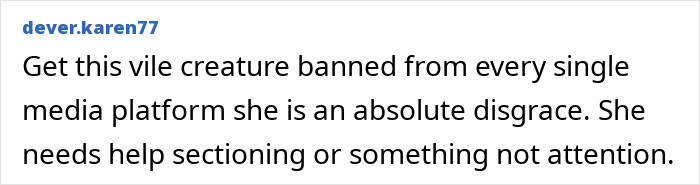 Screenshot of a comment from 'dever.karen77' requesting Bonnie Blue to be banned from platforms for her baby bump.