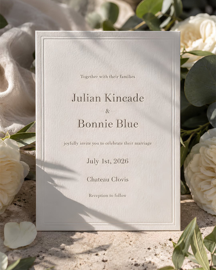 Wedding invitation for Julian Kincade & Bonnie Blue, amidst fan shares wedding photos. Wedding invitation for Julian Kincade & Bonnie Blue, amidst fan shares wedding photos.