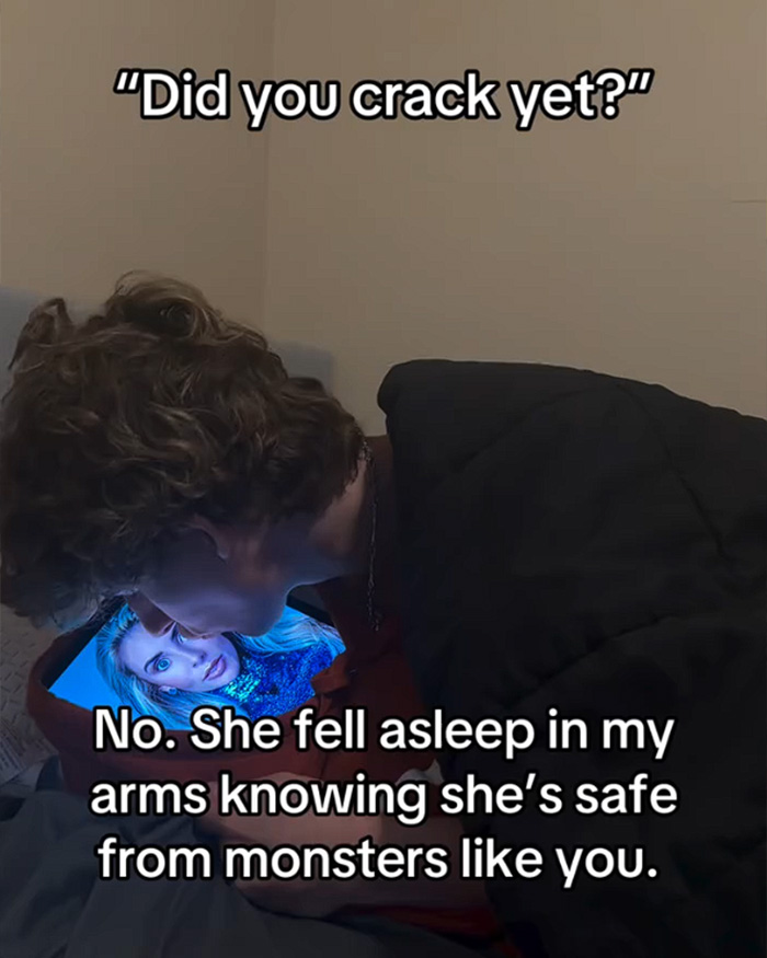 A fan looking at an image of Bonnie Blue on a phone, with text about a baby shower scandal. A fan looking at an image of Bonnie Blue on a phone, with text about a baby shower scandal.