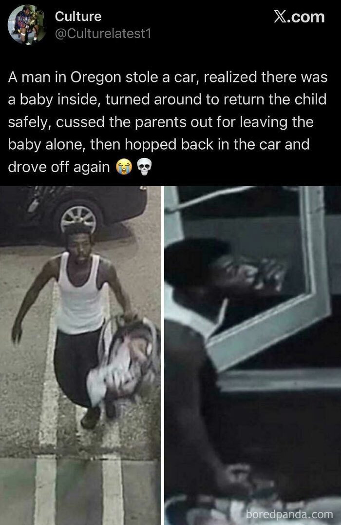 Funny and Unpredictable Sentences: A split image of a man returning a baby, then driving off after scolding the parents.