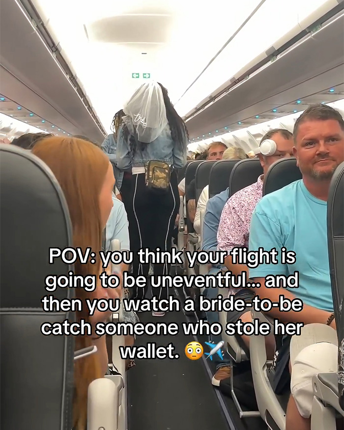 A bride-to-be on a flight confronting a woman accused of stealing her wallet, amidst other passengers. A bride-to-be on a flight confronting a woman accused of stealing her wallet, amidst other passengers.