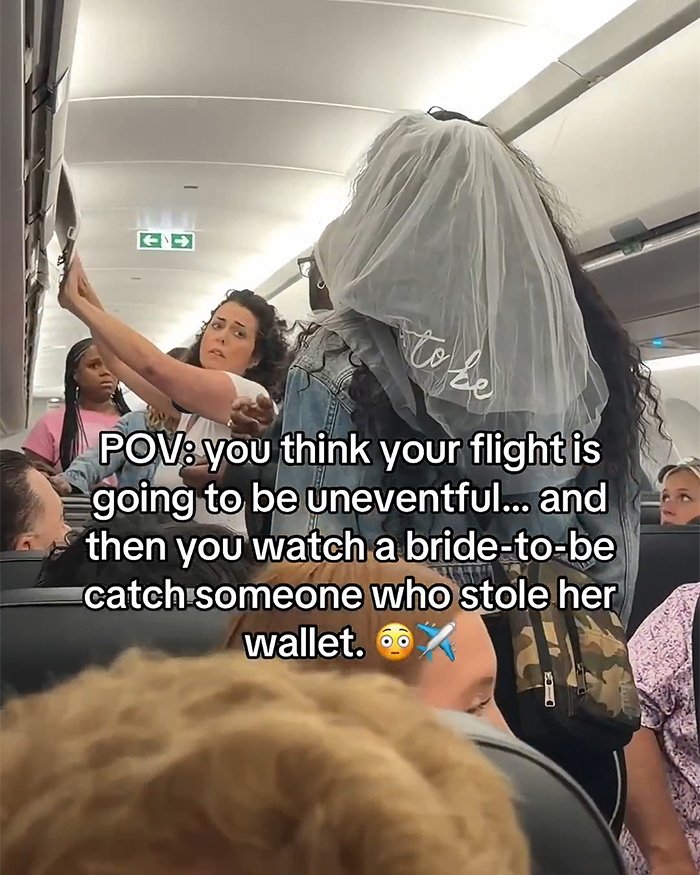Bride-to-be in a veil confronts a woman on a plane, with other passengers looking on, after her wallet goes missing. Bride-to-be in a veil confronts a woman on a plane, with other passengers looking on, after her wallet goes missing.