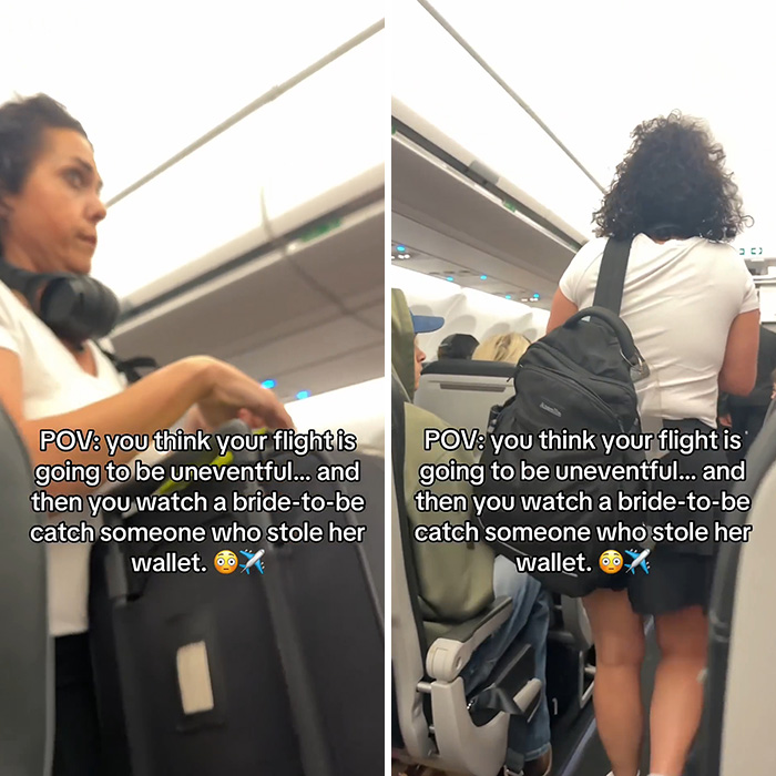 A split image of the bride-to-be confronting a woman mid-flight after her wallet went missing, getting her kicked off the plane. A split image of the bride-to-be confronting a woman mid-flight after her wallet went missing, getting her kicked off the plane.
