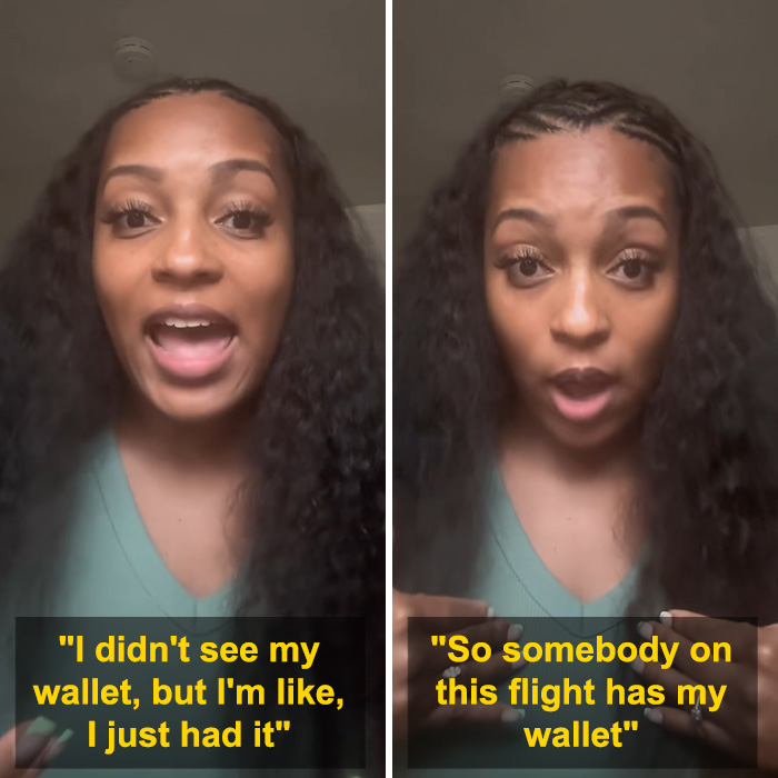 A split image of the bride-to-be talking about her wallet going missing during the flight. A split image of the bride-to-be talking about her wallet going missing during the flight.