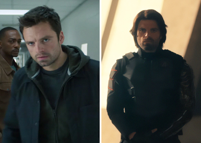 A split image showing character redesigns of Bucky Barnes, from civilian to combat gear, in Avengers: Doomsday.