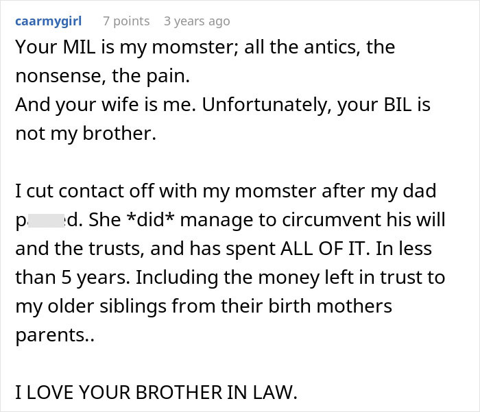 A Reddit post about an evil mom circumventing a will and spending a $200K inheritance meant for her sis. A Reddit post about an evil mom circumventing a will and spending a $200K inheritance meant for her sis.