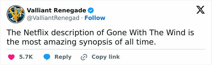 Tweet praising the Netflix Gone With The Wind synopsis, contrasting with calls for a boycott. Tweet praising the Netflix Gone With The Wind synopsis, contrasting with calls for a boycott.