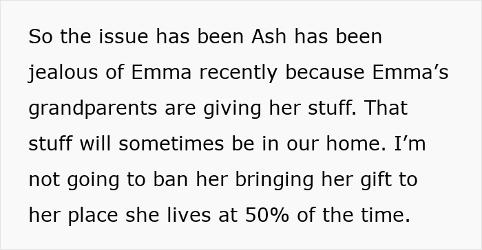 Text snippet explaining why Ash is jealous of Emma's gifts, including a designer purse. Text snippet explaining why Ash is jealous of Emma's gifts, including a designer purse.