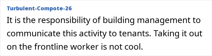 A comment stating building management should communicate activities, criticizing the Karen for being ballistic on the Hispanic window washer. A comment stating building management should communicate activities, criticizing the Karen for being ballistic on the Hispanic window washer.