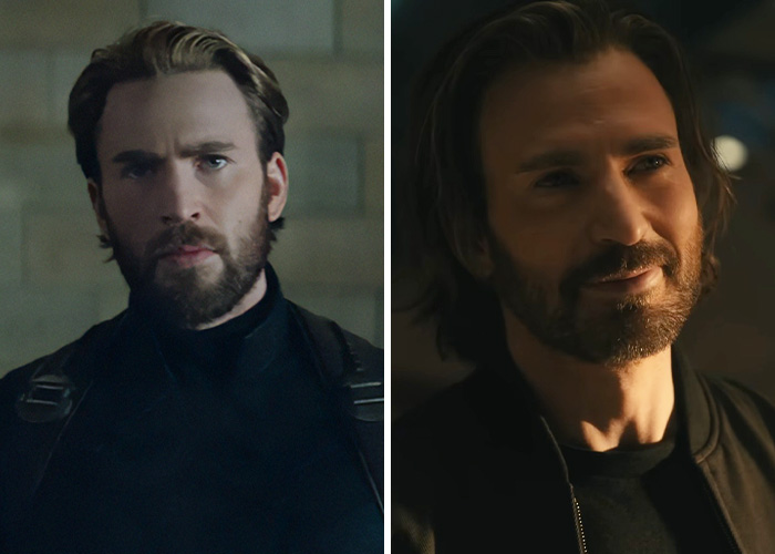 A split image showing character redesigns of Captain America, from clean-cut to longer hair and beard, in Avengers: Doomsday.