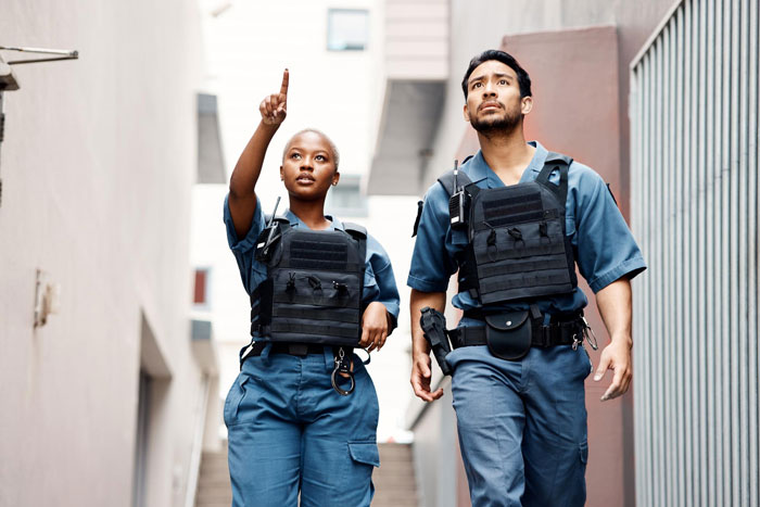 Two police officers, one female pointing up, the other male, walk together in an alley, engaged in a parking war that involves a beloved BMW.