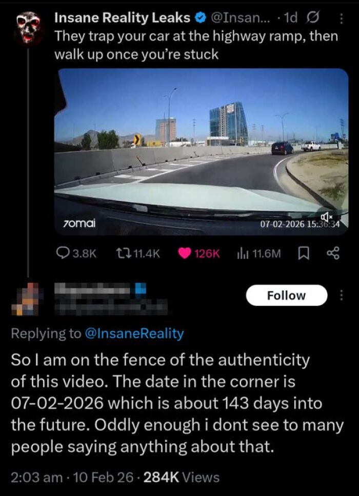 A screenshot showing a tweet about a car trap and a reply pointing out a future date, highlighting how Americans are very confused.