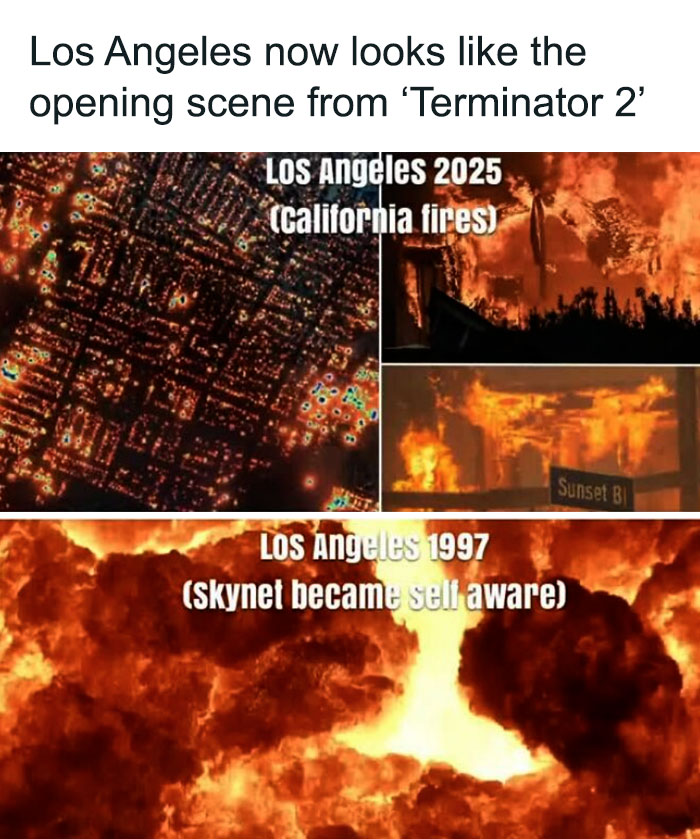 Los Angeles 2025 resembling Terminator 2's opening scene, contrasting with Los Angeles 1997, showing '80s and '90s superiority.