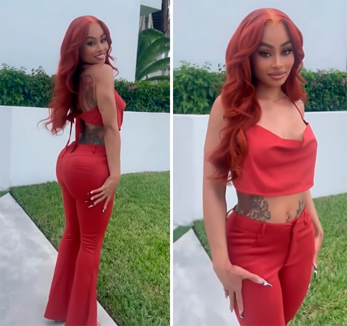 Blac Chyna, a celebrity BBL disaster example, in a red outfit, showcasing her figure.