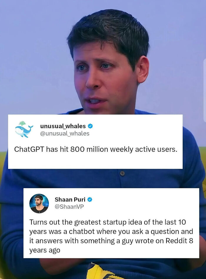 Funny AI meme showing ChatGPT user growth and a tweet about AI chatbot ideas.