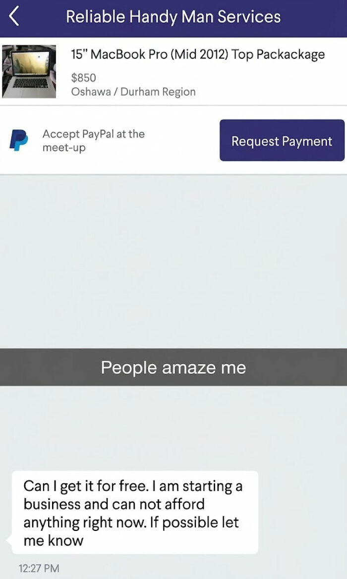 A screenshot of a choosing beggar asking for a free 15-inch MacBook Pro, claiming to be starting a business.