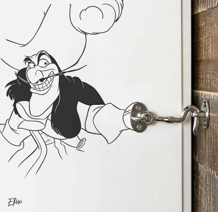 A clever door latch design featuring Captain Hook pulling on his mustache, transforming ordinary things into something more enjoyable.