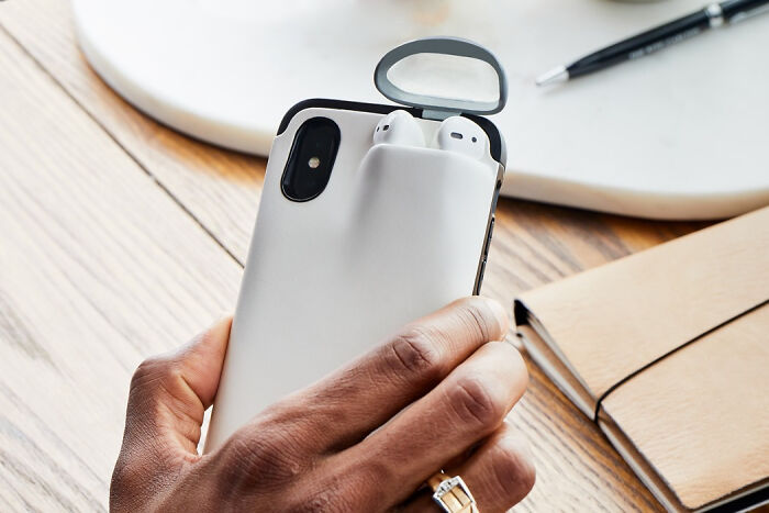 A phone case with a built-in AirPod holder, brilliantly transforming an ordinary thing for convenience.