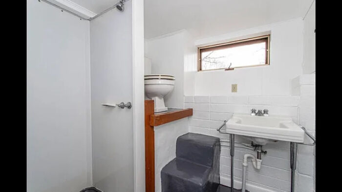 An awkwardly designed bathroom featuring a toilet elevated on a platform next to a shower and a small sink.